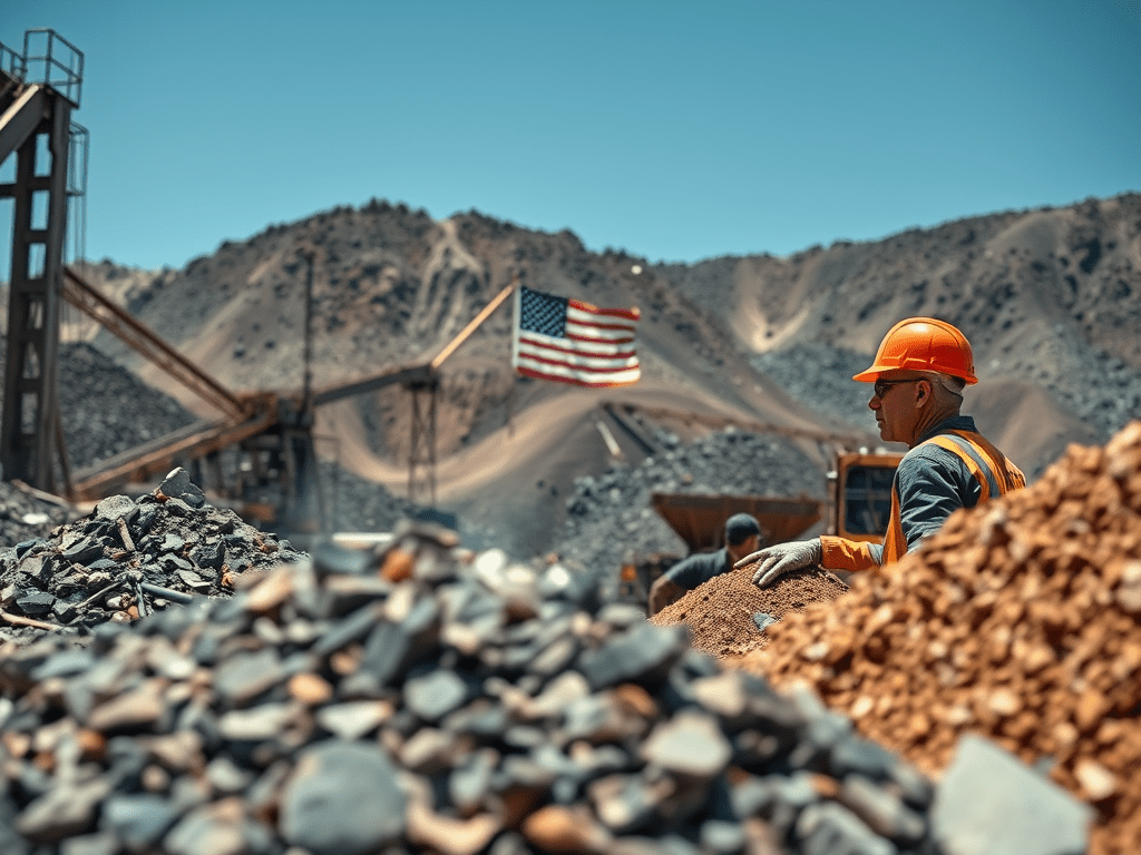 A worker in an orange hard hat and safety vest examines mineral piles at a mining site, with American flag visible in the background and machinery in operation.