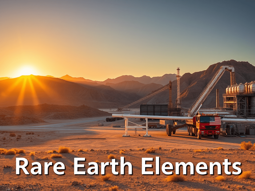 Sunset over a mountainous landscape with machinery and pipes, indicating a rare earth elements mining site.