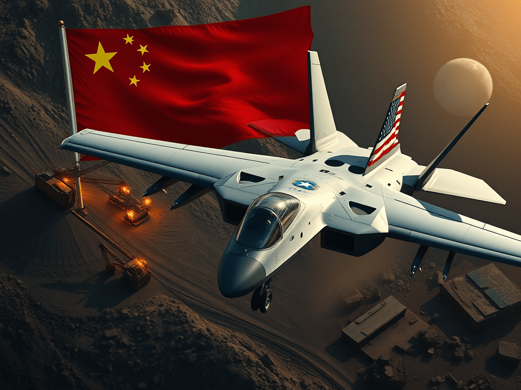 A military jet flying above a landscape with mining equipment, featuring the flags of China and the USA in the background.