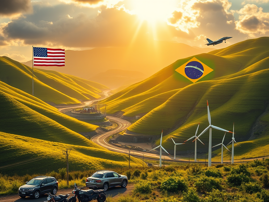 Scenic landscape featuring rolling green hills, with a United States flag on the left, a Brazilian flag overlaid on the hills, wind turbines in the foreground, and an aircraft flying in the sky during sunset.