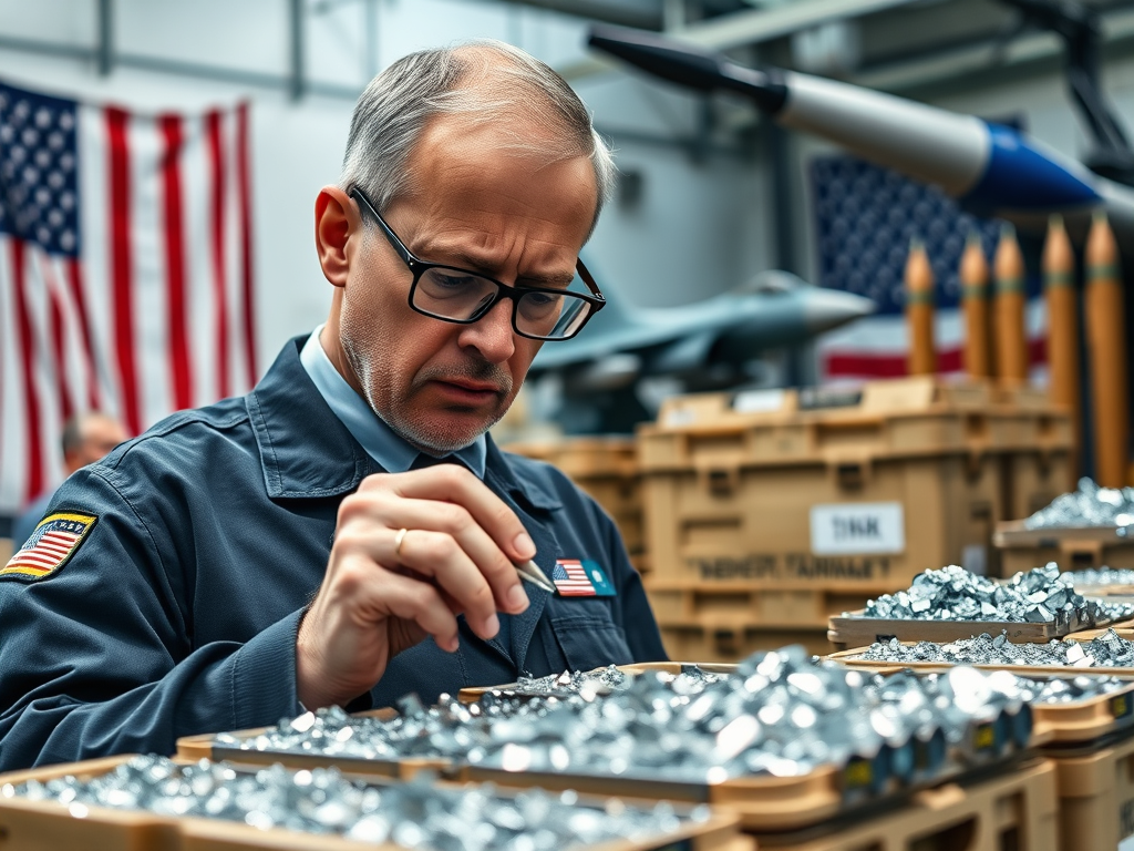 A technician inspects cobalt materials in a storage facility, with American flags and military equipment visible in the background.