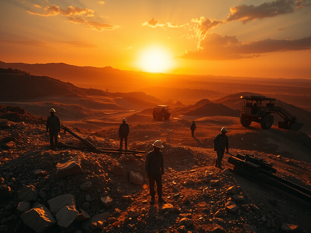 Workers at a mining site during sunset, with heavy machinery in the background and a mountainous landscape.