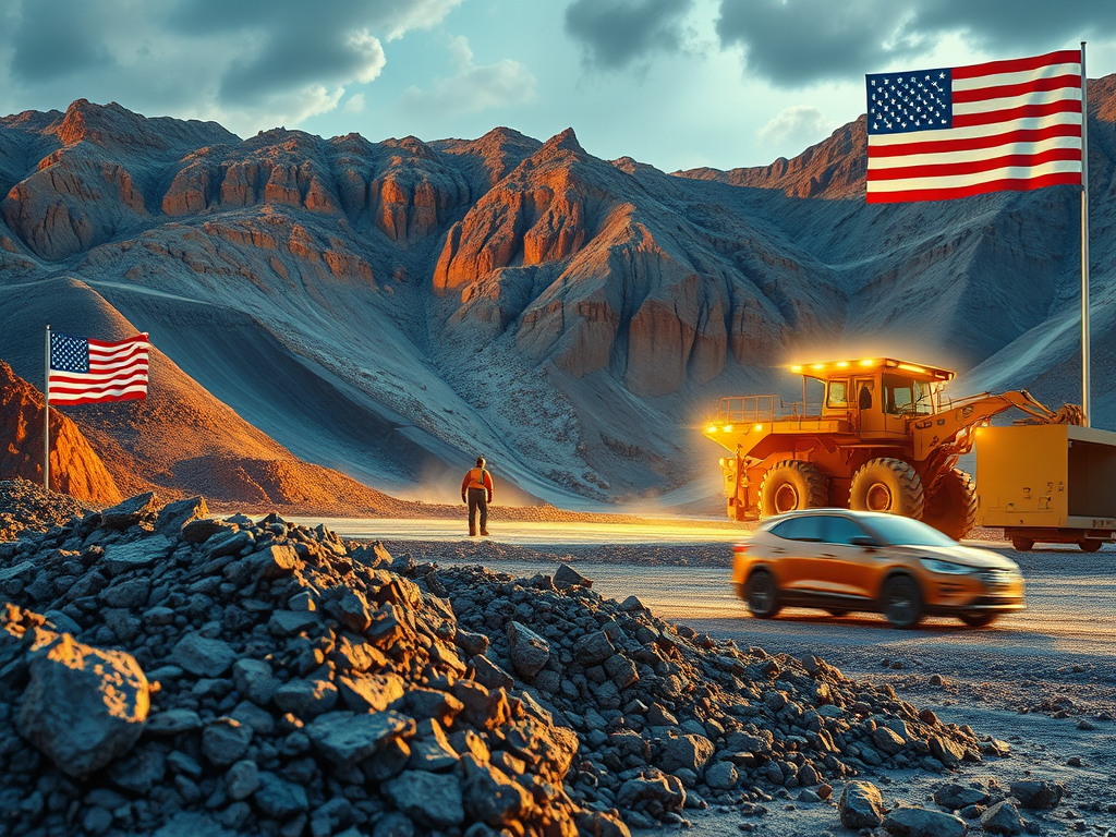 A truck and a car drive on a road surrounded by rocky terrain and mountains, with American flags positioned on either side of the road.