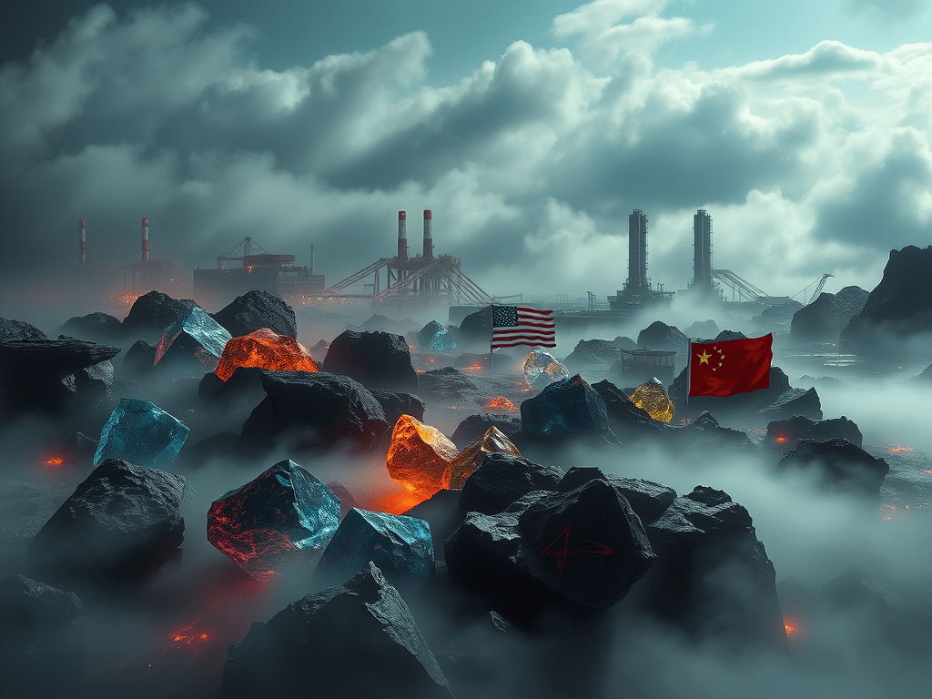A dramatic landscape featuring colored rocks resembling rare earth minerals, with smoky clouds and industrial structures in the background. Flags of the United States and China are prominently displayed.