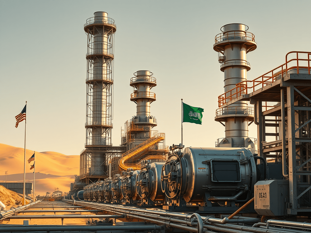An industrial facility with tall structures and pipes, featuring a US flag and a Saudi flag in a desert landscape.