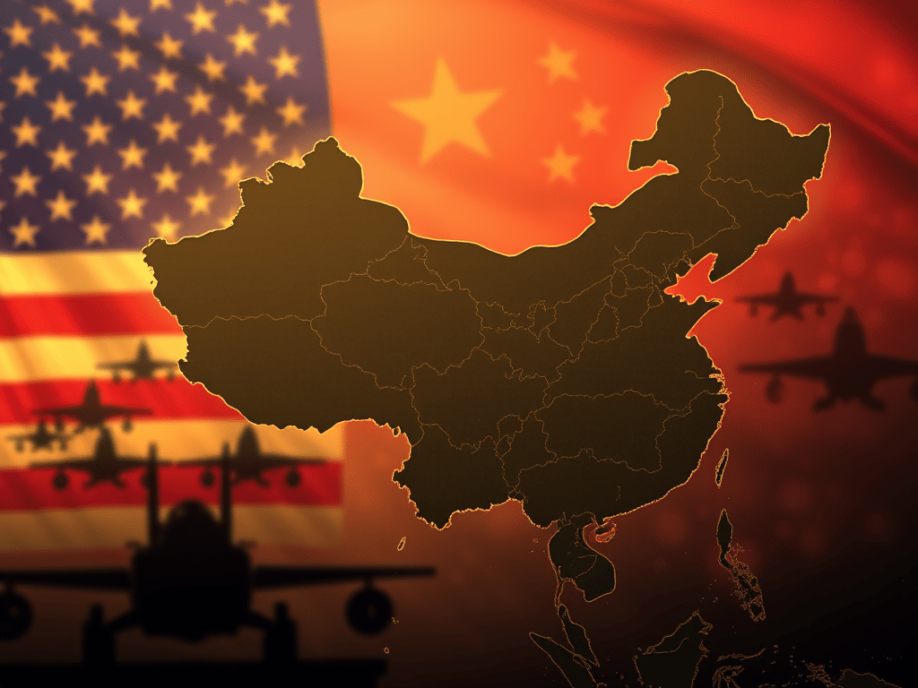 Illustration showing a map of China set against a backdrop of the American and Chinese flags, with military aircraft silhouettes in the foreground.
