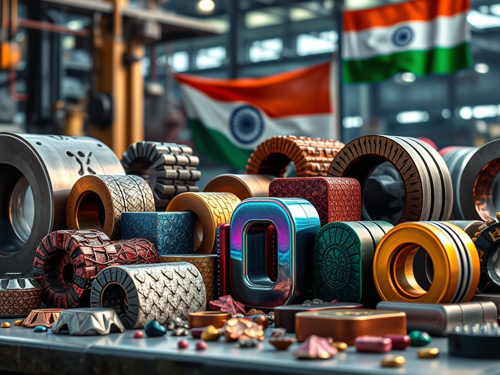 A collection of various rare earth magnets in different shapes and colors, displayed prominently in an industrial setting, with flags of India in the background.