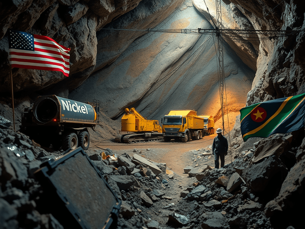 An underground mining scene showcasing a nickel deposit, featuring mining trucks, machinery, and flags representing the U.S. and a country with a green, yellow, and red design.