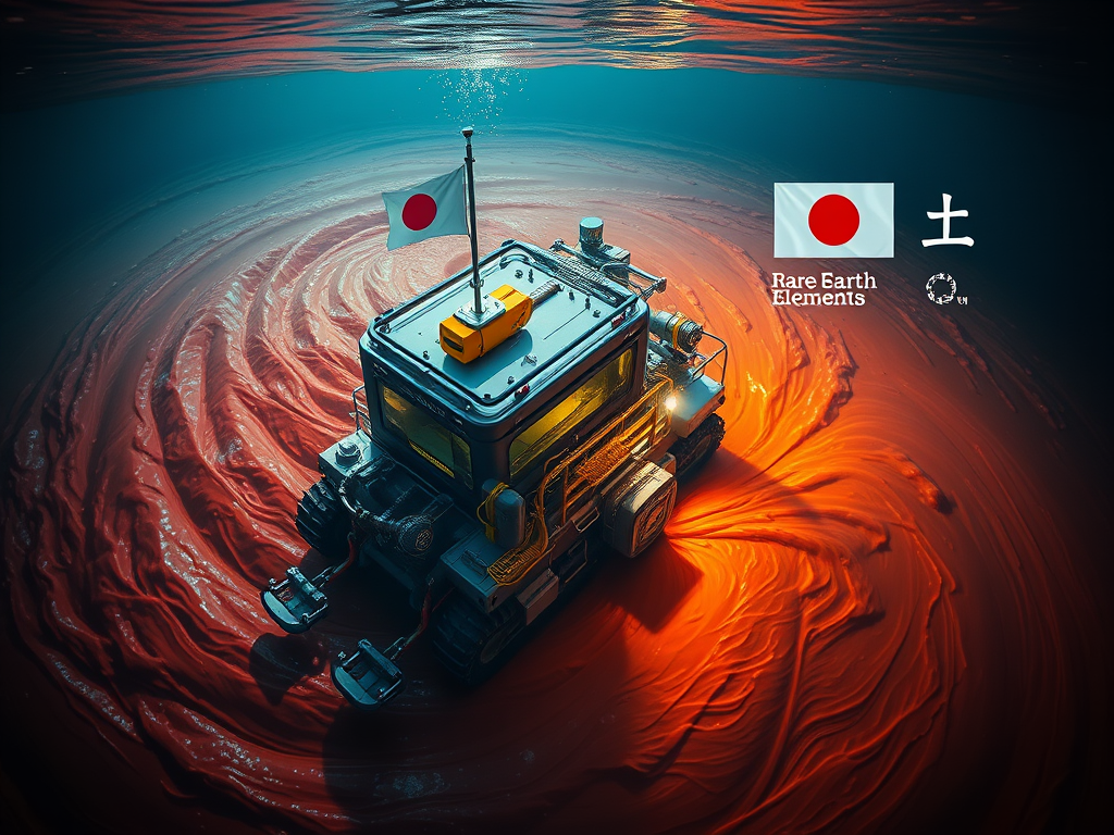 An underwater vehicle equipped with a Japanese flag is surrounded by swirling rare-earth-rich mud, highlighting Japan's deep-sea mining efforts for critical minerals.