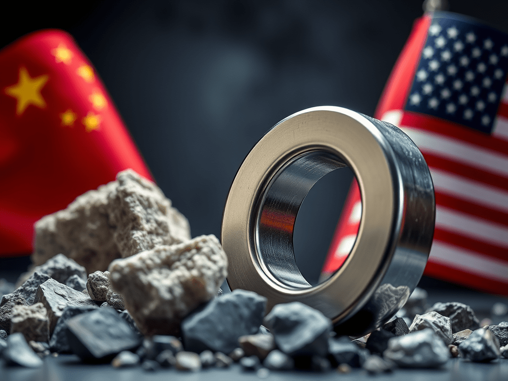 A metallic ring placed on a rocky surface, with Chinese and American flags blurred in the background, symbolizing the geopolitical tension over rare earth elements.