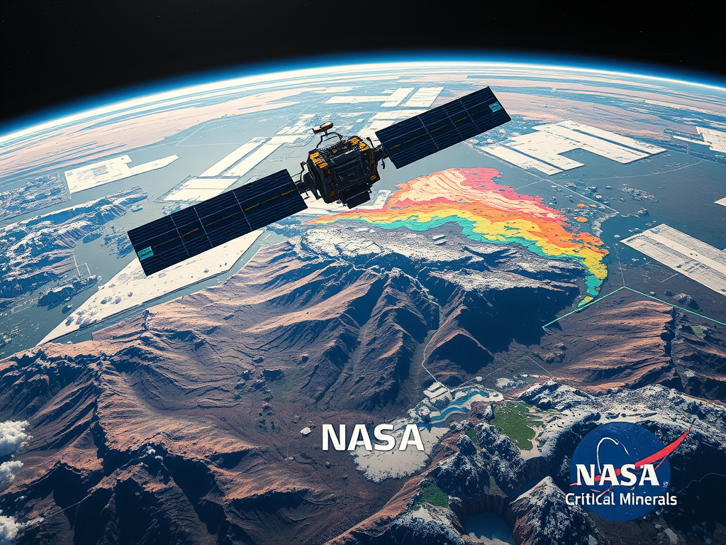 A satellite equipped for mineral mapping is shown orbiting Earth, with colorful mineral mapping data displayed over mountainous terrain.