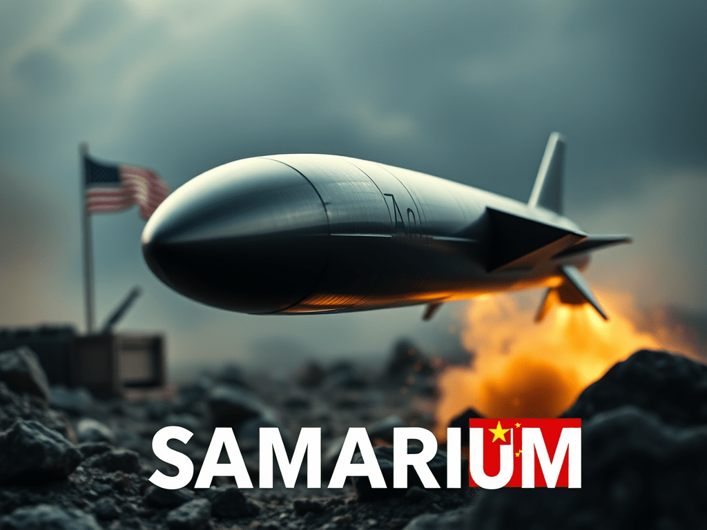 A close-up of a Tomahawk missile with a background suggesting military engagement, featuring the word 'SAMARIUM' at the bottom, along with flags representing the United States and China.