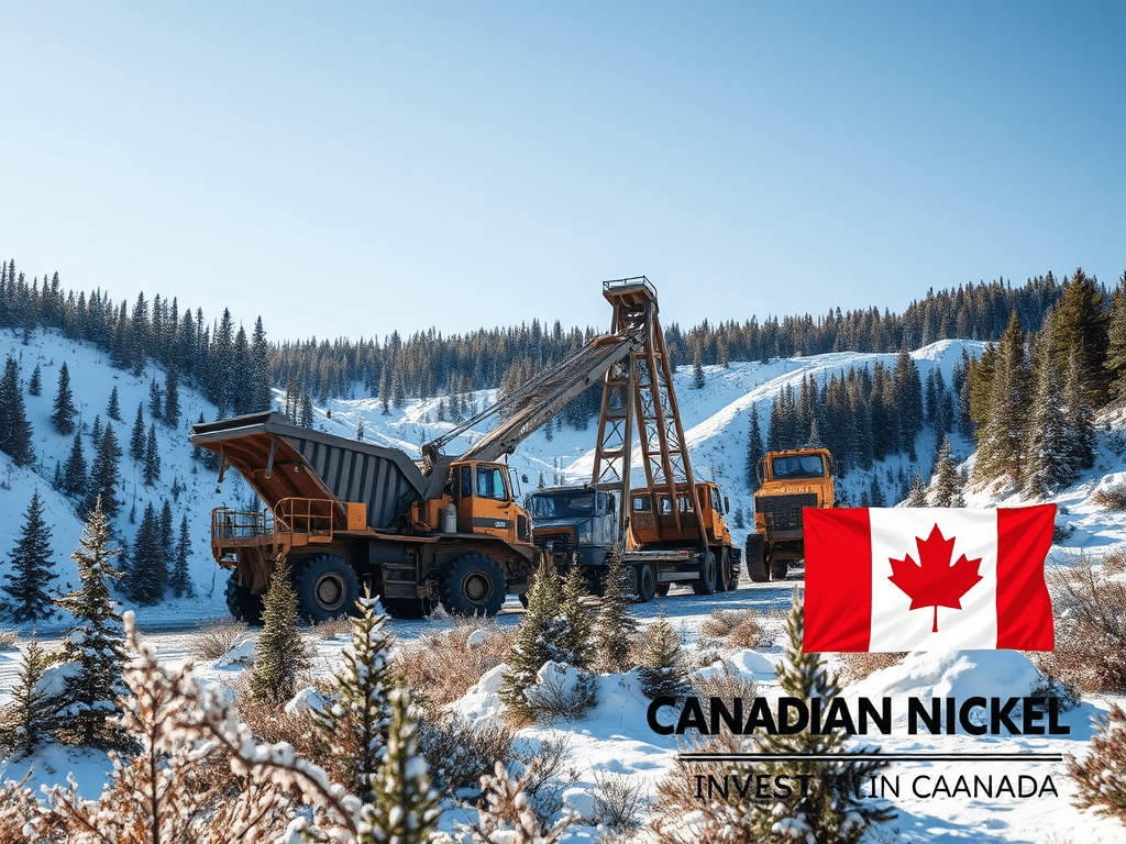 Heavy mining equipment operating in a snowy landscape, with Canada Nickel branding and a Canadian flag overlay.