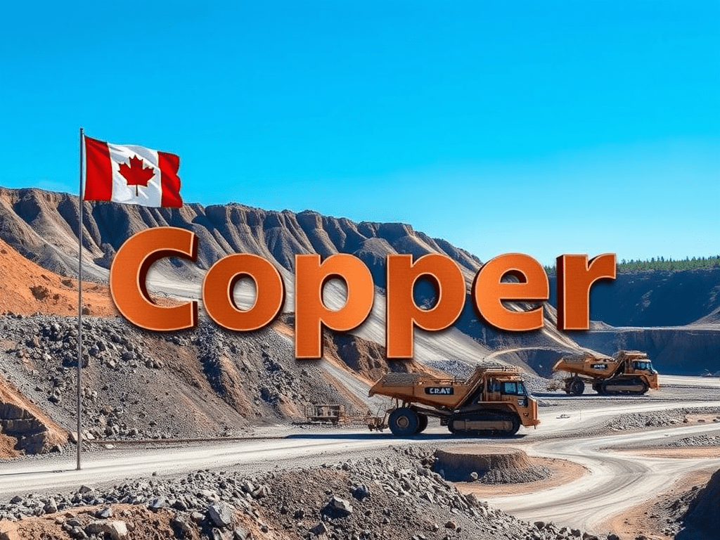 An open-pit mining site with heavy machinery, featuring a Canadian flag in the background and the word 'Copper' displayed prominently.