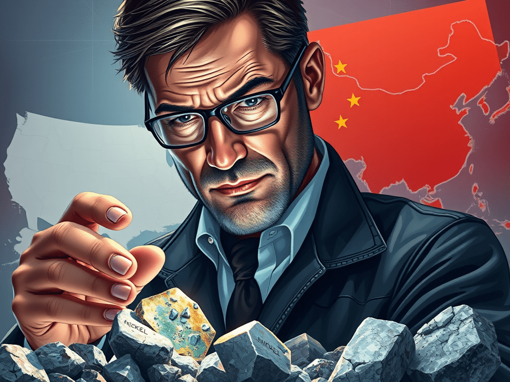 A serious-looking man in a black jacket holding a mineral sample, with a backdrop featuring the maps of the U.S. and China, representing the competition in the minerals sector.