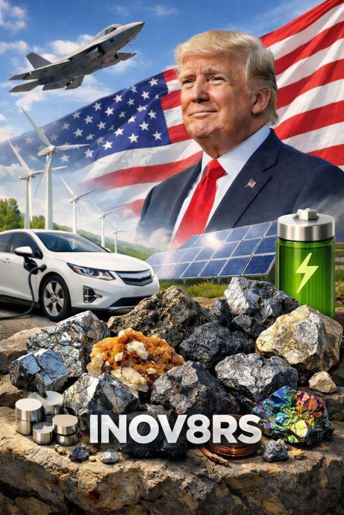 A collage featuring a smiling man with light hair, American flag in the background, an airplane flying overhead, wind turbines, solar panels, a charging electric vehicle, and various mineral rocks with the text 'INOV8RS' prominently displayed.