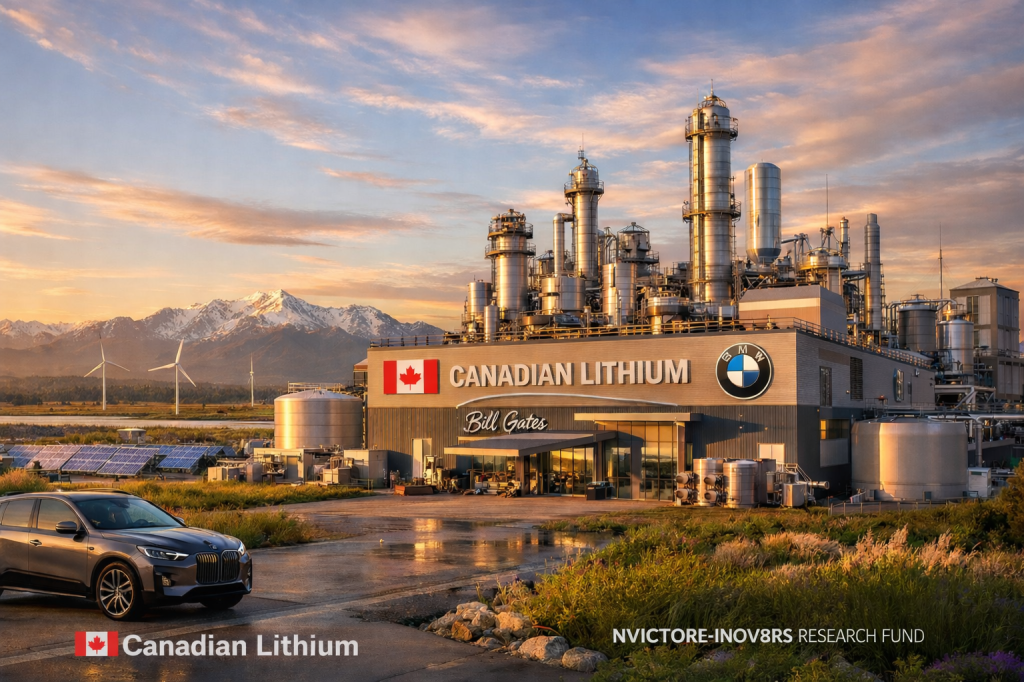 A modern lithium processing facility labeled 'Canadian Lithium' with a BMW logo, set against a backdrop of snowy mountains and wind turbines. A gray car is parked in the foreground, reflecting the sunset.
