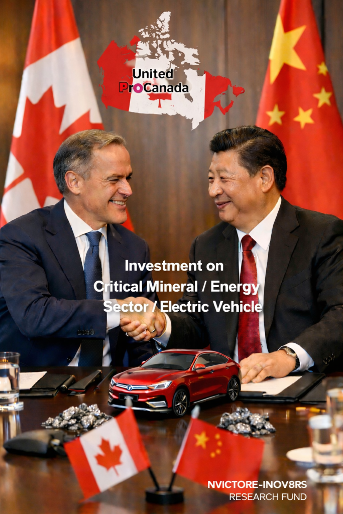 Two officials shaking hands at a table, with flags of Canada and China visible. A graphic overlay displays 'United Pro Canada' and mentions investment in critical minerals, energy, and electric vehicles. A model car is also in the foreground.