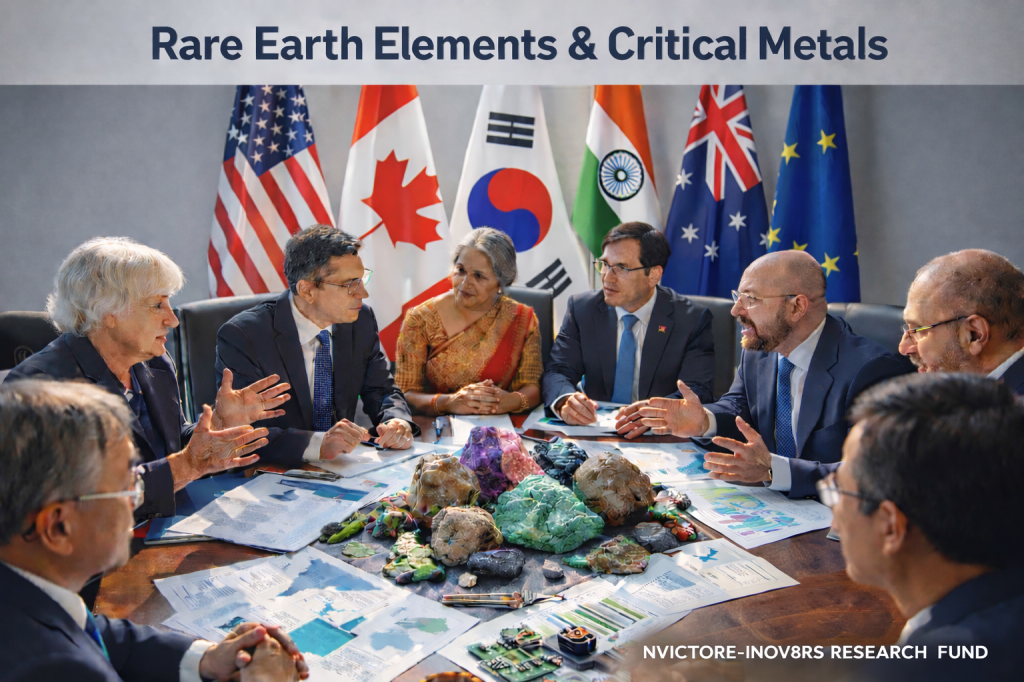 A diverse group of international leaders and experts discussing rare earth elements and critical metals at a conference table, with various minerals and documents displayed.