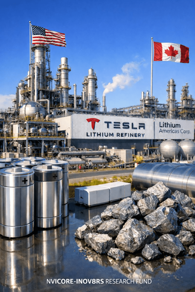 Tesla lithium refinery with American and Canadian flags, featuring industrial structures and lithium ore piles in the foreground.