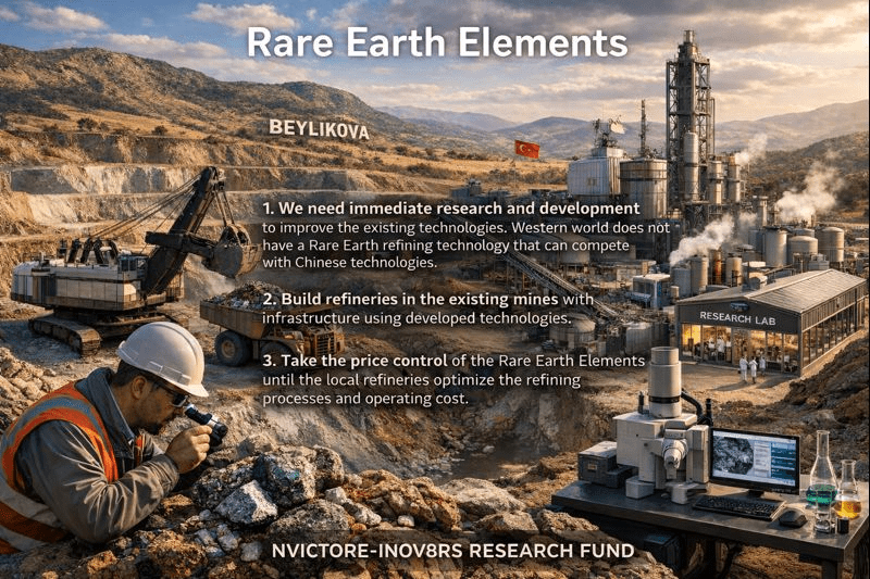 An industrial landscape showing the extraction of rare earth elements, featuring a mining site with heavy machinery, a worker inspecting materials, and a refinery complex. In the foreground, text outlines three strategic recommendations for improving rare earth element processing and control.