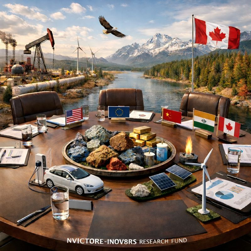 A round conference table with flags from various countries, surrounded by a scenic landscape featuring mountains and a river. The table displays models of a car, solar panels, and a wind turbine, alongside rocks and gold pieces.