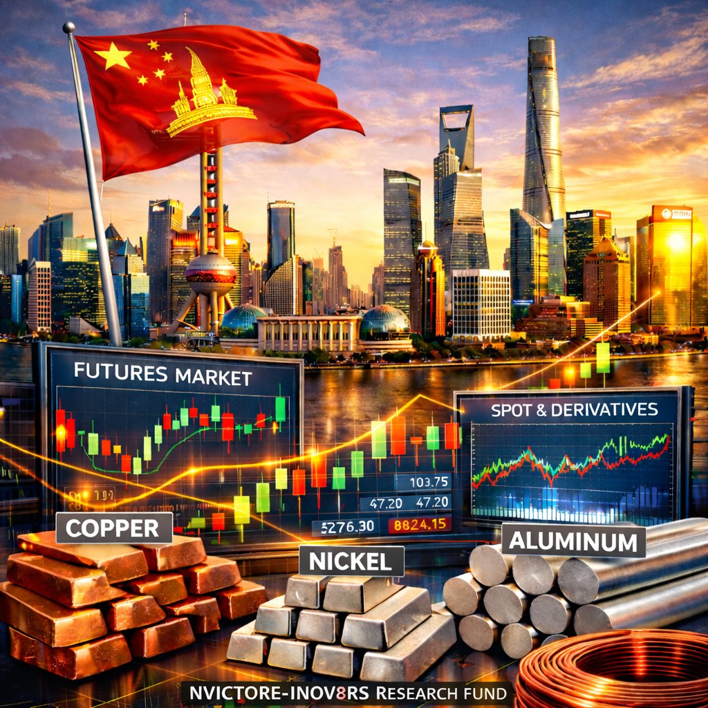 An image featuring the Chinese flag with a skyline of Shanghai at sunset, including famous landmarks. There's graphical data related to the futures market, with charts labeled 'Futures Market' and 'Spot & Derivatives.' Metal commodities like copper, nickel, and aluminum are displayed in the foreground, along with the 'NVICTORE-INOV8RS Research Fund' label.