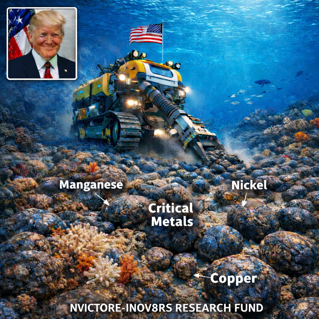 An underwater mining vehicle extracting resources from the ocean floor, with labeled areas indicating manganese, nickel, copper, and critical metals, alongside a portrait of a smiling man.