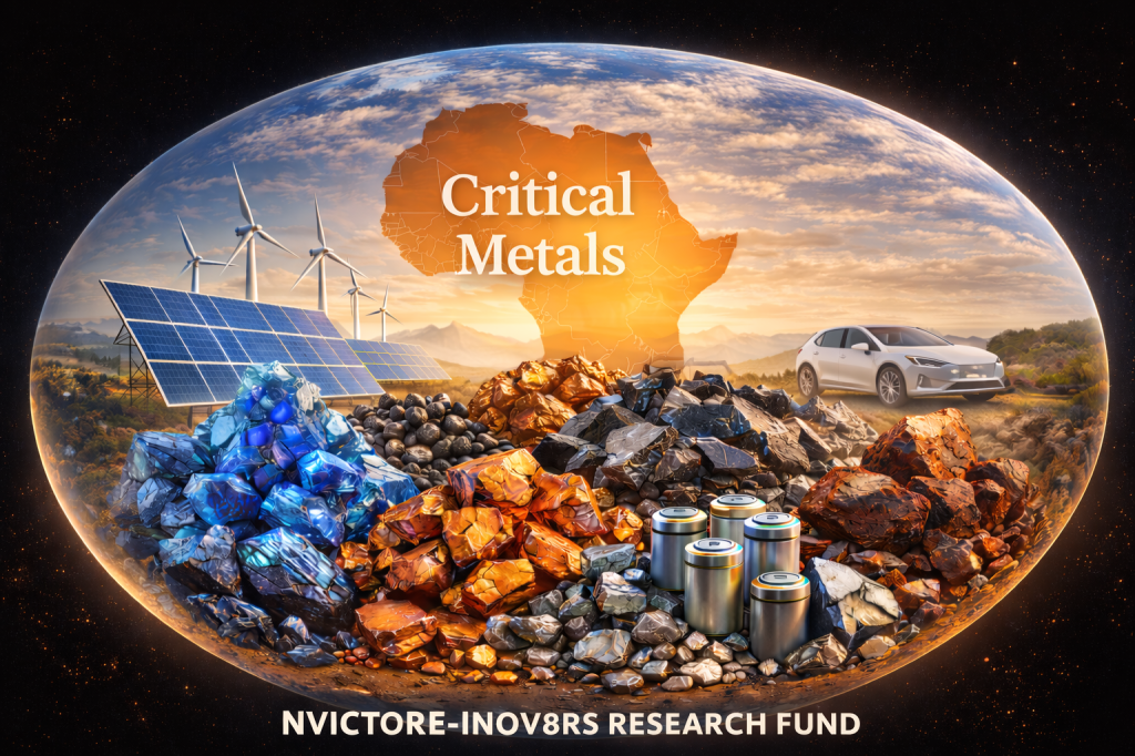 An artistic depiction showcasing critical metals, featuring piles of colorful mineral ores, solar panels, wind turbines, and a white electric car against a backdrop of an outlined African map.