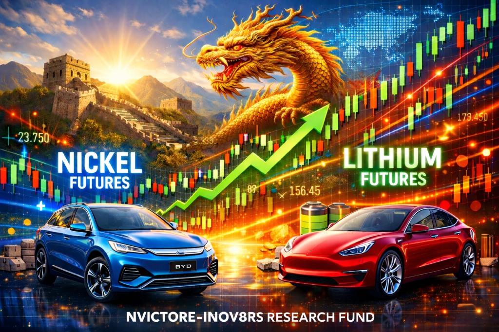 A blue BYD electric car and a red Tesla Model S are displayed on a colorful financial background featuring an upward trend in nickel and lithium futures, alongside a Chinese dragon and the Great Wall of China.