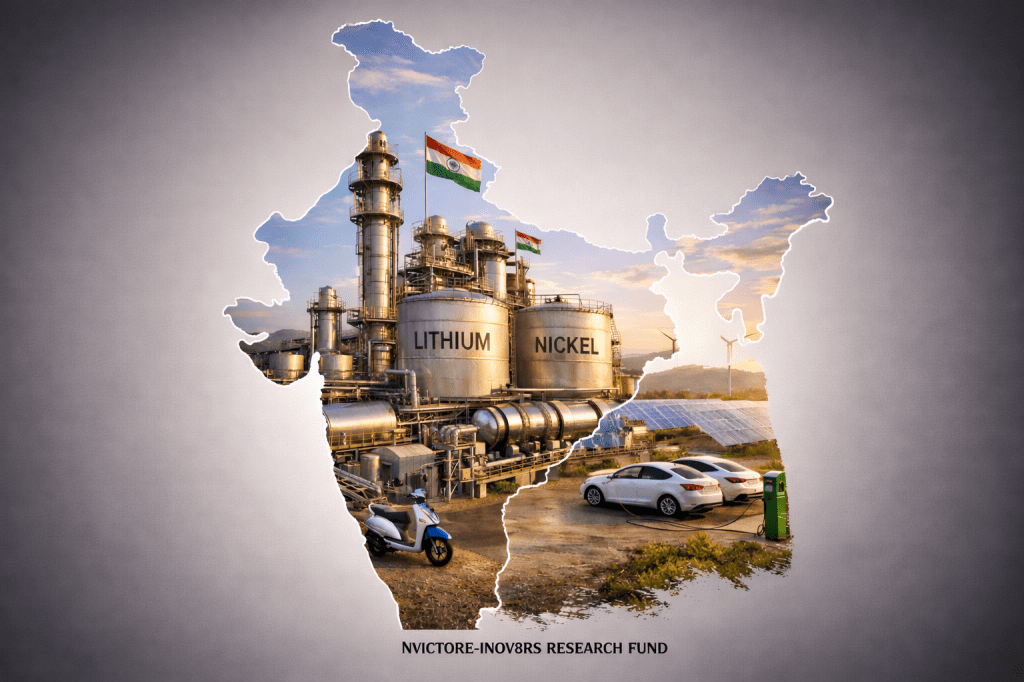 An industrial facility showcasing lithium and nickel processing within the outline of India, featuring Indian flags and solar panels in the background.