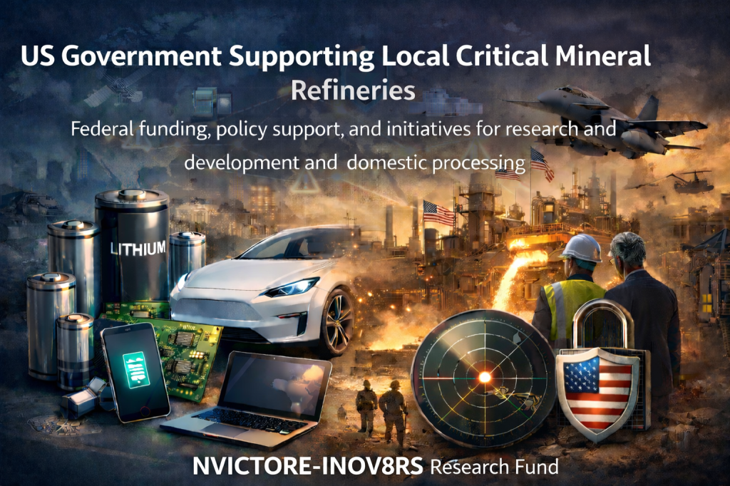 Graphic illustrating US government support for local critical mineral refineries, featuring lithium batteries, a modern electric car, a laptop, and industrial workers in a refinery setting. Text highlights federal funding and initiatives for research and domestic processing.
