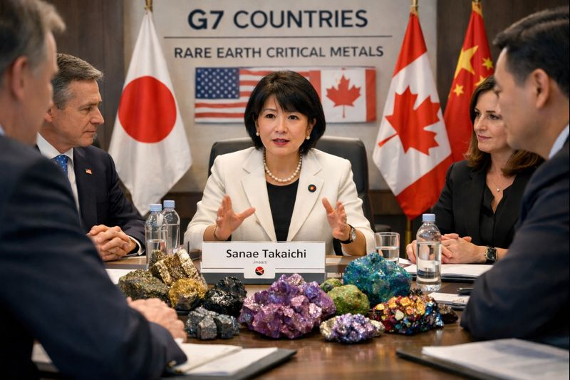 A conference scene featuring Japanese politician Sanae Takaichi discussing rare earth metals, with representatives from other G7 countries seated around a table. Various colored minerals are displayed in front of her.