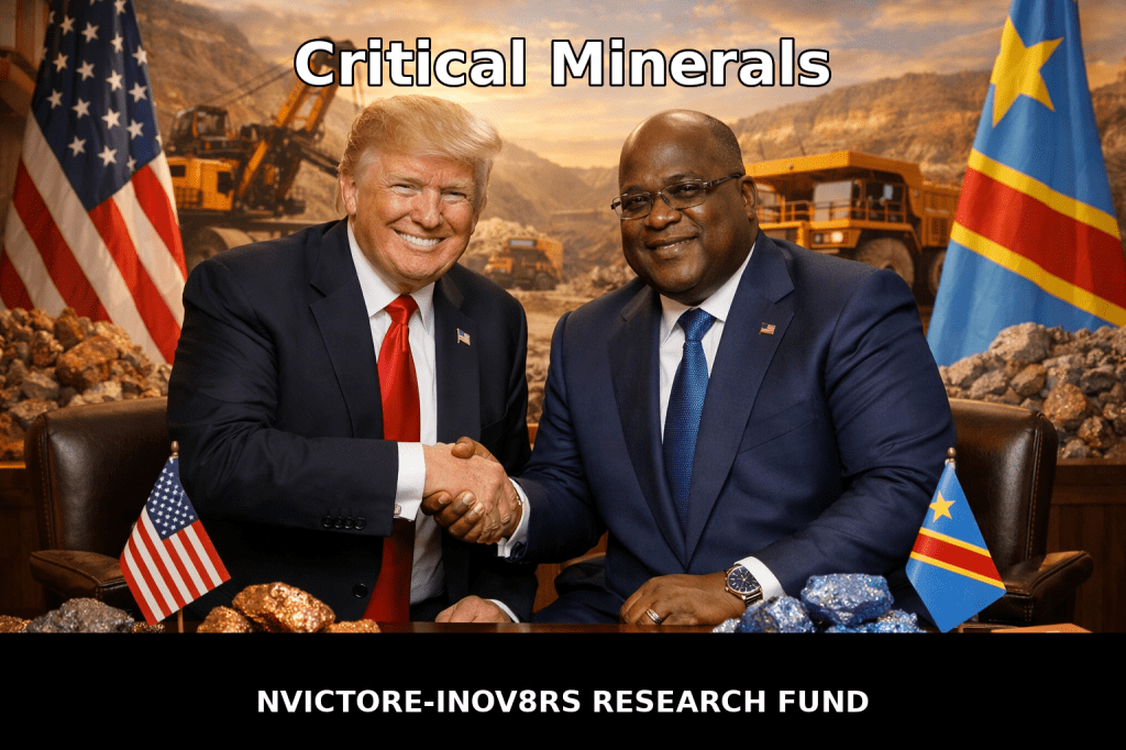 Former President Donald Trump shakes hands with an official from the Democratic Republic of the Congo, in front of a backdrop featuring mining imagery, with text reading 'Critical Minerals'.