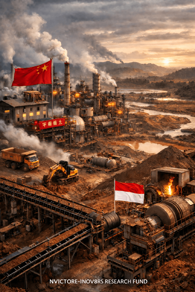 Aerial view of an industrial site with smoke rising from chimneys, featuring large machinery, conveyor belts, and flags of China and Indonesia prominently displayed.