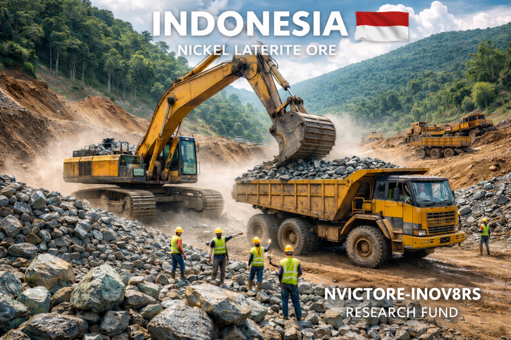 Excavators and dump trucks at a nickel laterite ore mining site in Indonesia, with workers in safety gear overseeing the operation.