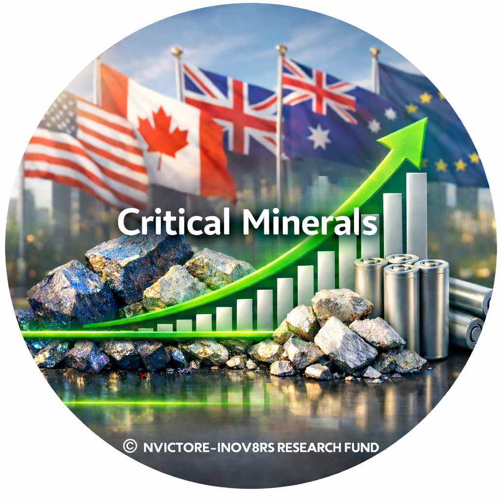 An image representing critical minerals with an upward growth graph, rocks, and battery cans, featuring flags of the USA, Canada, the UK, Australia, and the EU in the background.