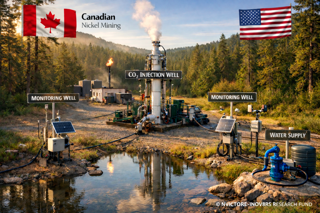 A landscape featuring a CO2 injection well and monitoring wells used in Canadian nickel mining, with flags of Canada and the USA in the background.