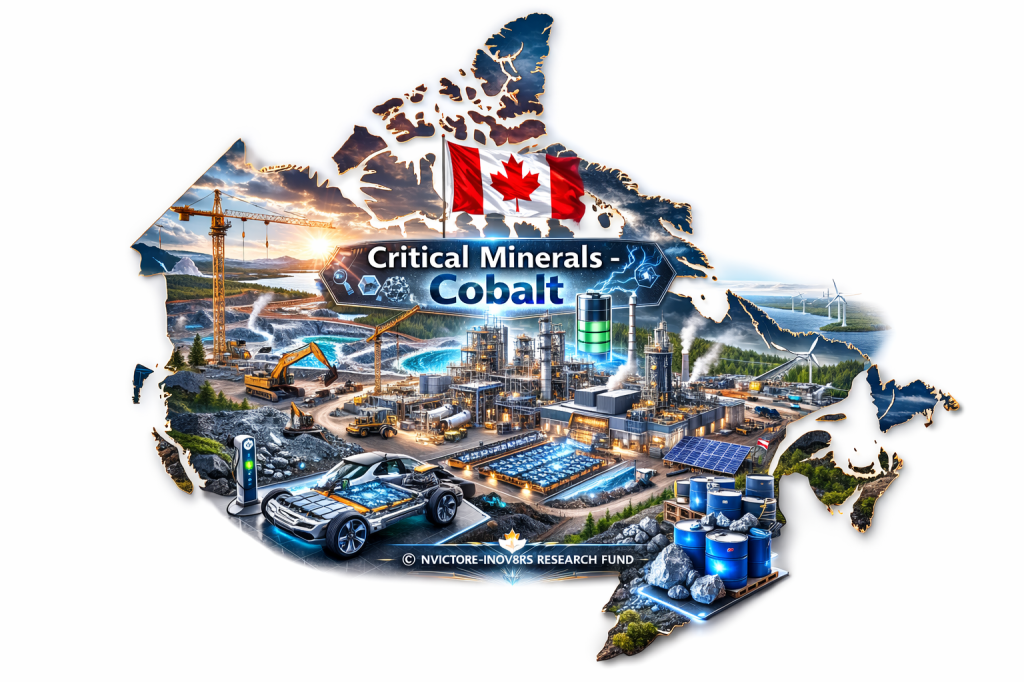 A stylized map of Canada featuring the text 'Critical Minerals - Cobalt' with imagery of natural resources, industrial activities, electric vehicles, and energy production elements, framed by the Canadian flag.
