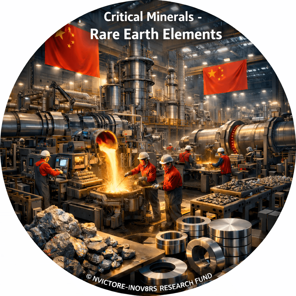 A manufacturing facility processing rare earth elements, featuring workers in red uniforms and hard hats, with molten material being poured into molds. Various metal materials and equipment are displayed throughout the industrial setting, accompanied by the Chinese flag in the background.