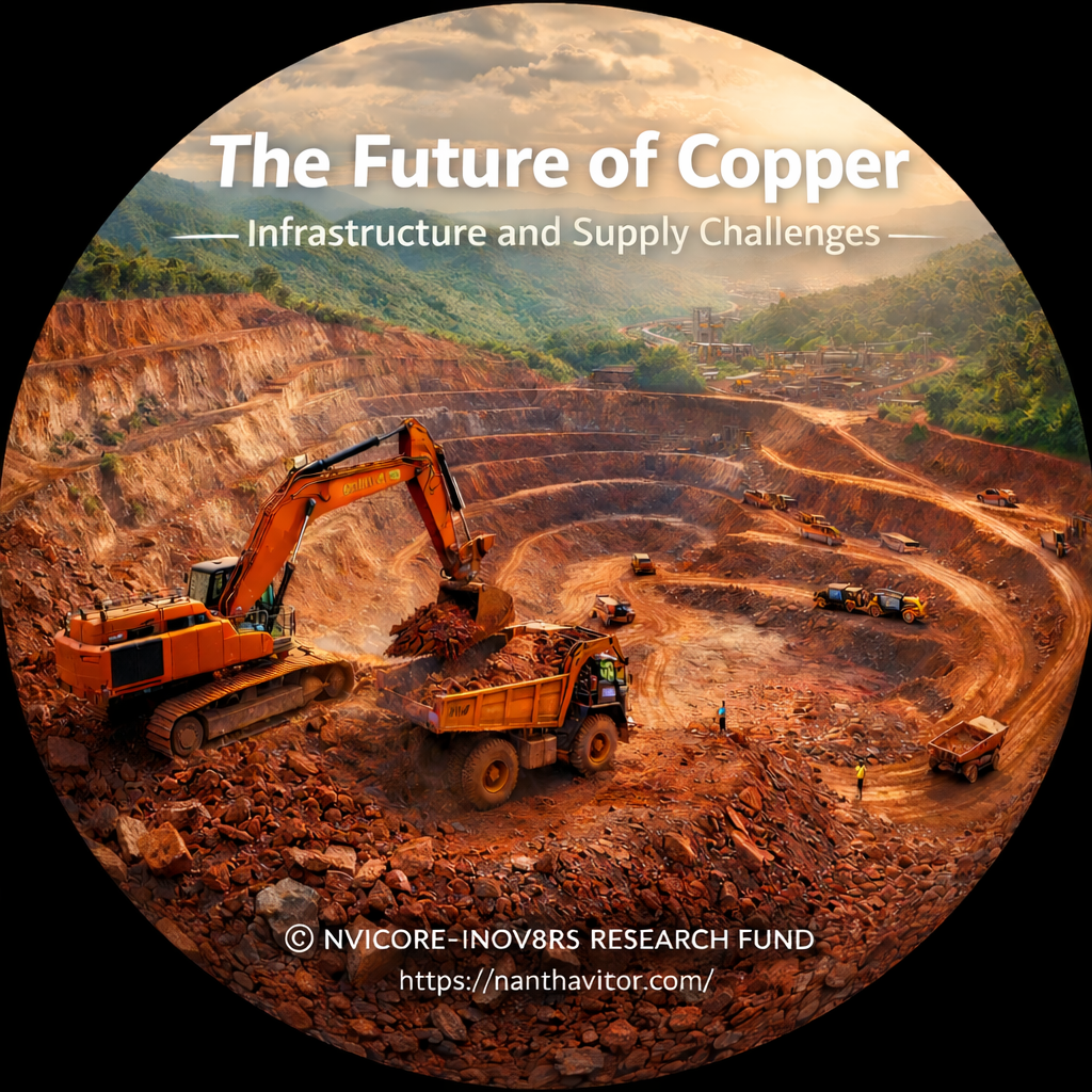 A mining site showing excavators and dump trucks extracting copper ore from a large pit, with a mountainous background and cloudy sky.