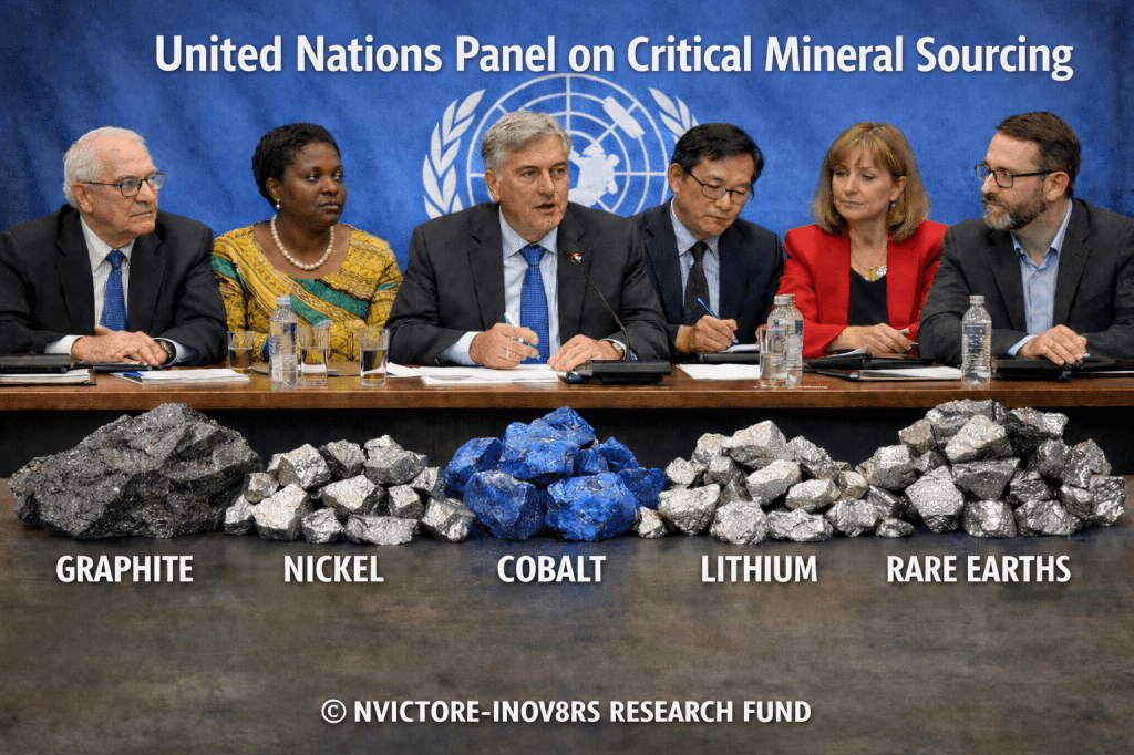 United Nations Panel on Critical Mineral Sourcing featuring six panelists discussing critical minerals: graphite, nickel, cobalt, lithium, and rare earths, with minerals displayed on the table.