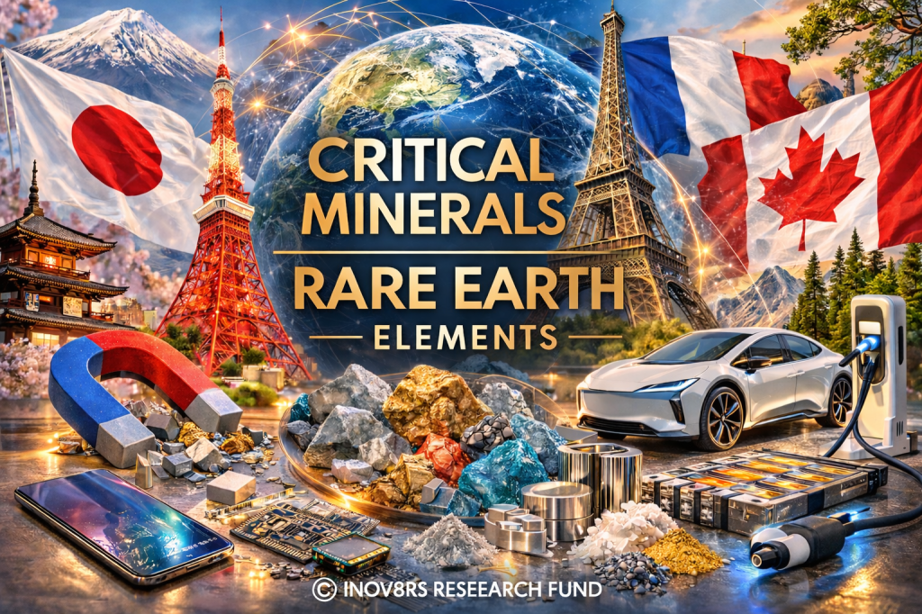 A collage featuring critical minerals and rare earth elements, with landmarks from Japan, France, and Canada. Includes a magnet, smartphone, electronic components, and an electric car charging.