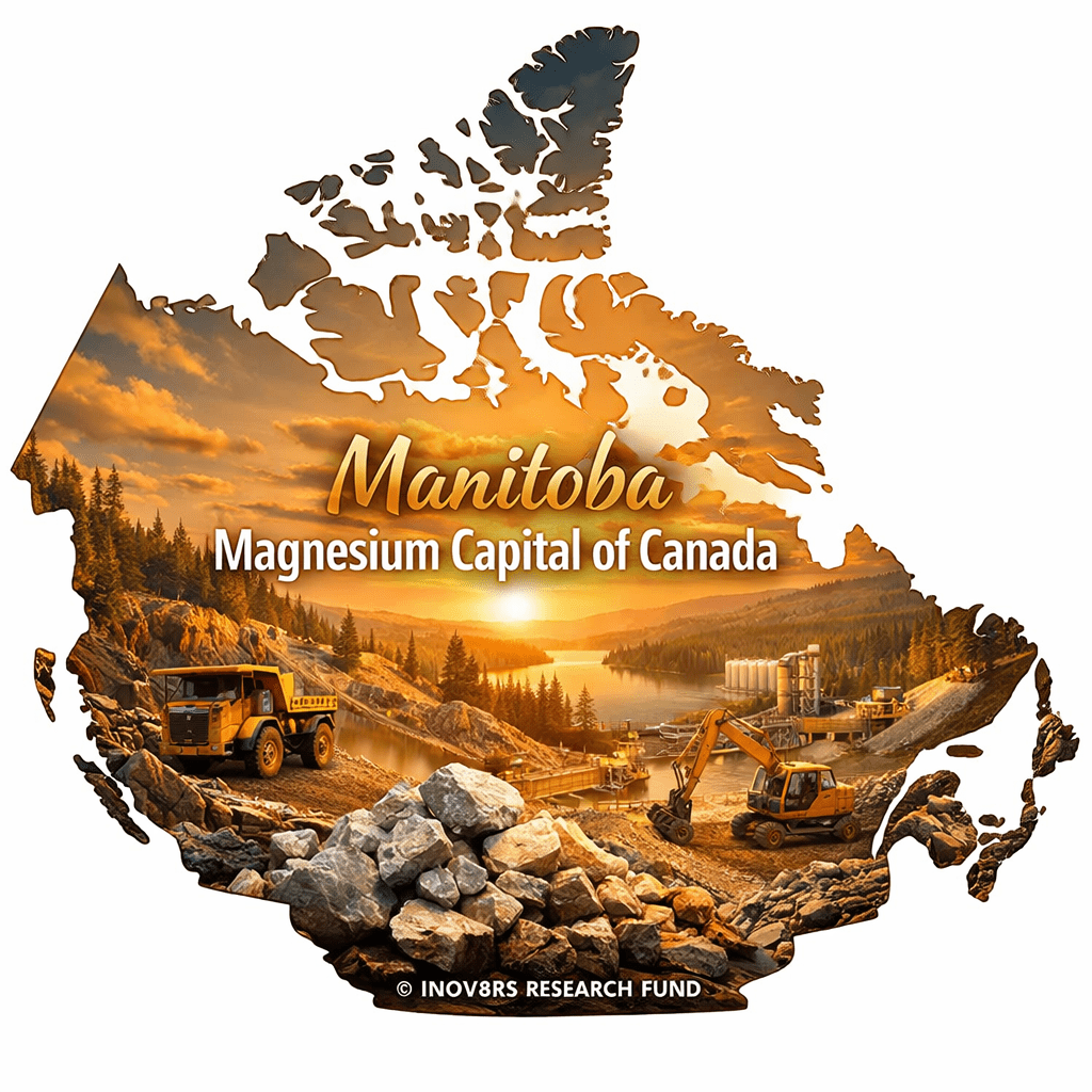 Illustration of Canada highlighting Manitoba as the Magnesium Capital of Canada, featuring a sunset landscape with mining equipment and rocky terrain.