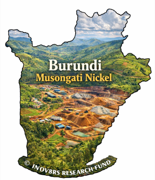Map outline of Burundi highlighting the Musongati Nickel mining site, showcasing lush green hills and mining operations.