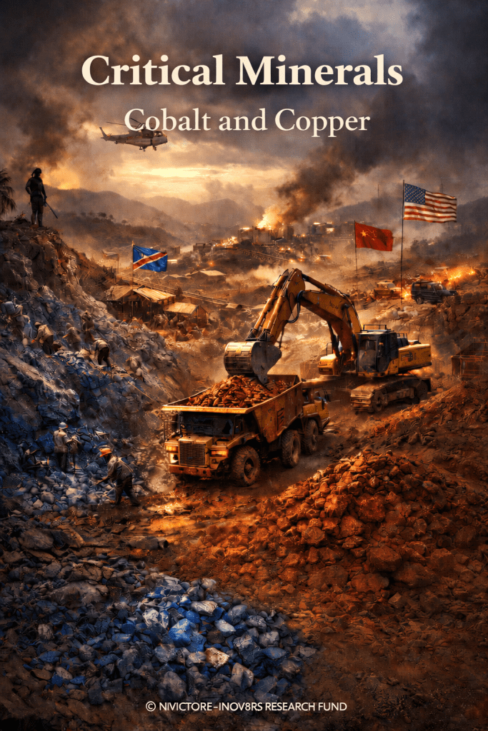 An abstract illustration depicting a mining scene focused on cobalt and copper extraction, featuring trucks and workers amidst piles of mined minerals, with flags of different countries visible and an aerial view in the background.