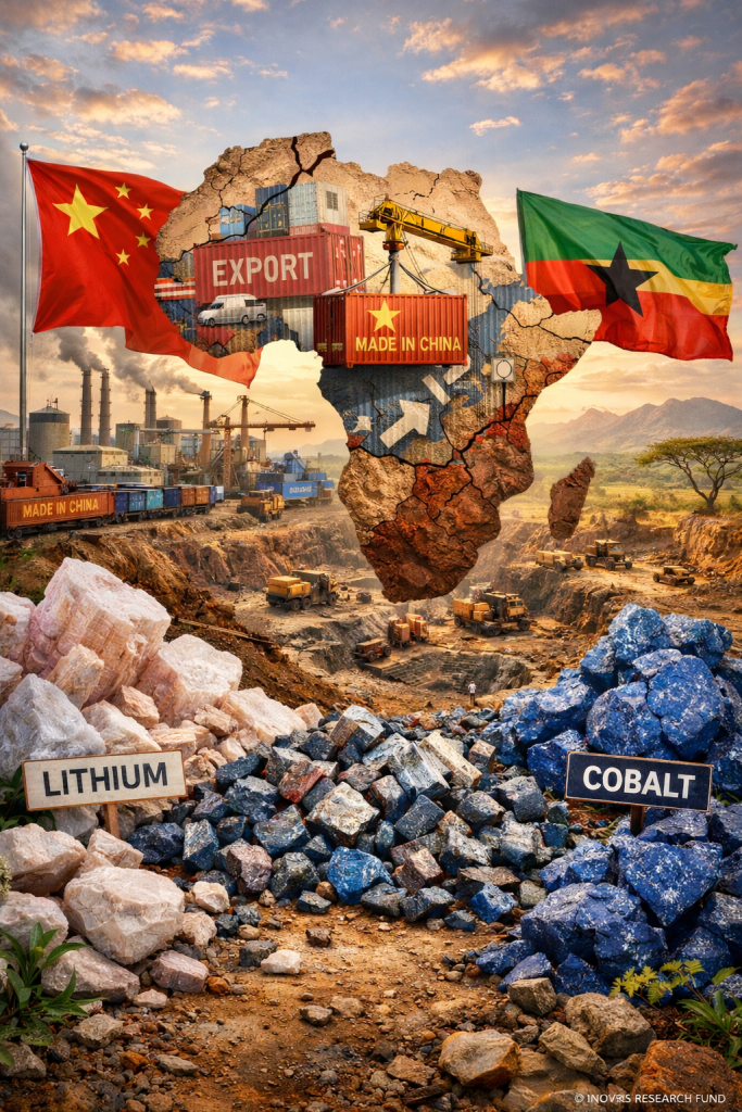 A conceptual image of Africa shaped by industrial elements, featuring the flags of China and a country in Africa, with containers labeled 'Made in China' and 'Export'. In the foreground, piles of lithium and cobalt minerals are labeled, set against a background of mining machinery and a cloudy sky.