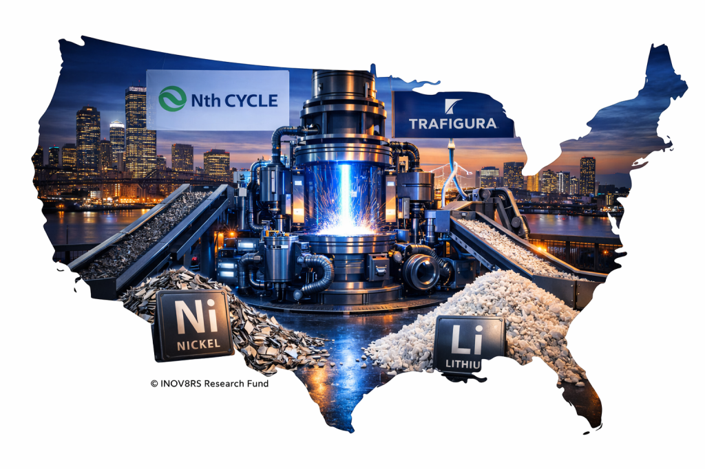 An industrial scene featuring a processing facility within a silhouette of the United States, showcasing logos of Nth Cycle and Trafigura, with materials representing nickel and lithium in the foreground.