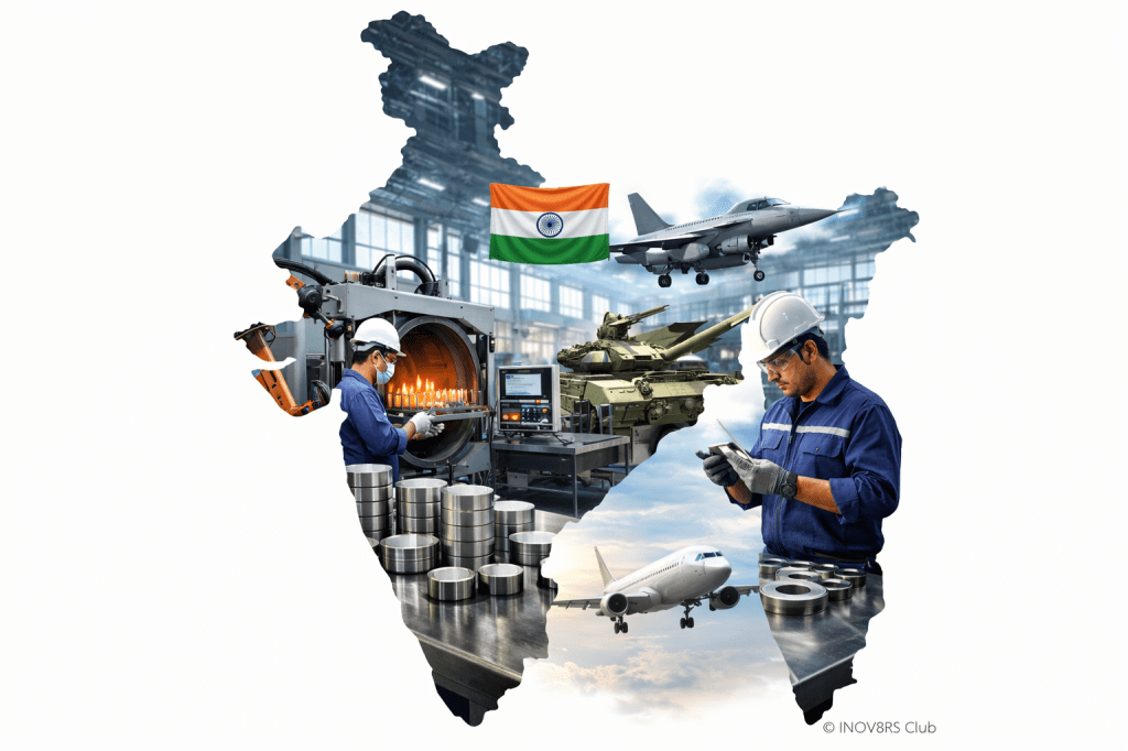 A graphic representation of India featuring industrial workers, military equipment, and aircraft, symbolizing the country's manufacturing and defense sectors, alongside the Indian flag.