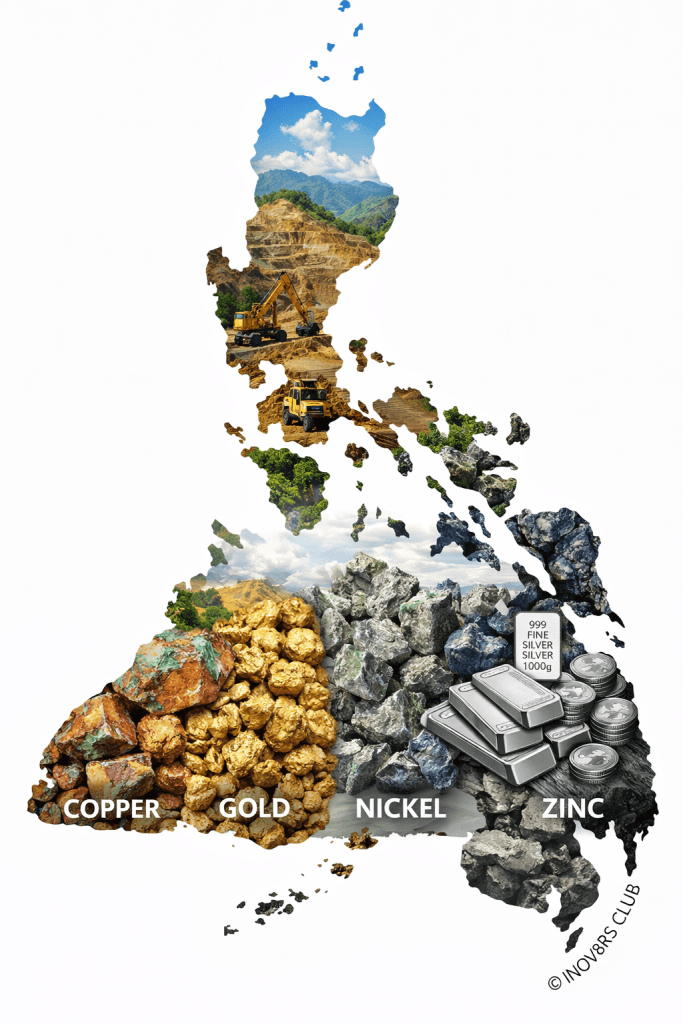 A map of the Philippines showcasing various minerals. The areas are labeled with 'Copper,' 'Gold,' 'Nickel,' and 'Zinc,' surrounded by images of mining activities and mineral deposits.